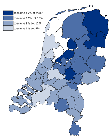 Kaart Nederland met groei werknemersbanen in de bouw van 2018-2023